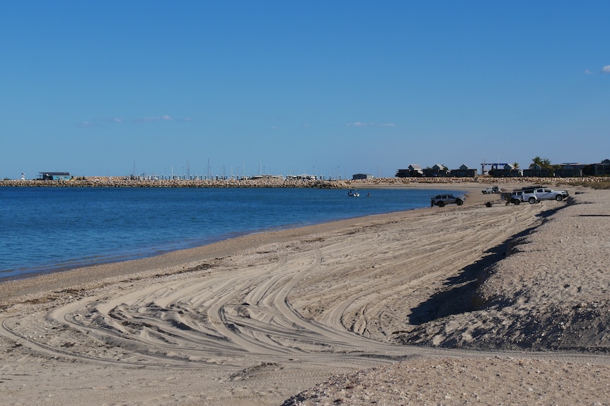 A long sandy beach with tire-tracks stretches out towards several four-wheel drive cars and a marina.