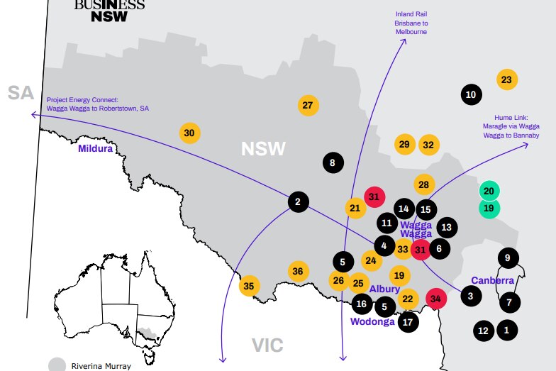 Un mapa con los números del 1 al 36 dispersos por el sur de Nueva Gales del Sur.