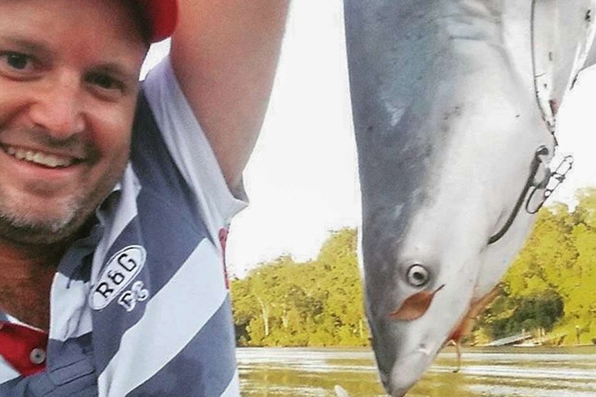 Man holding a bull shark.