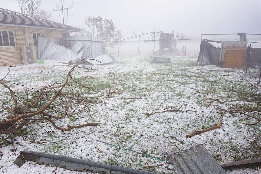 Hail on ground and debris at home after wild storm at Riverleigh, south-west of Bundaberg.