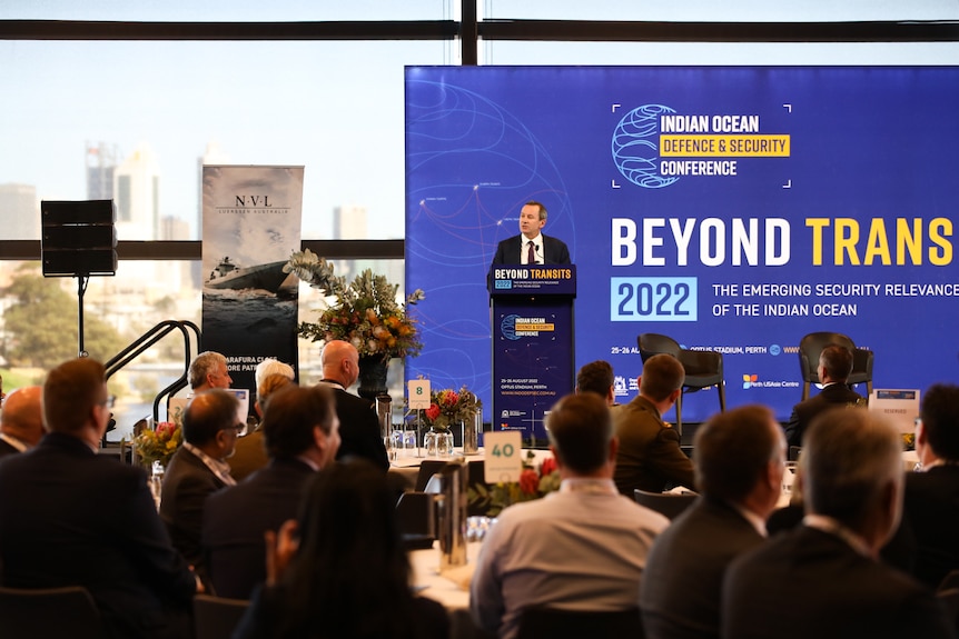 Wide shot of Mark McGowan addressing the Beyond Transits security conference.