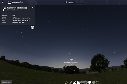 A screenshot showing the Nishimura comet's location in sky from Toowoomba. 
