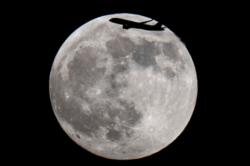 A plane flies past a huge moon. 