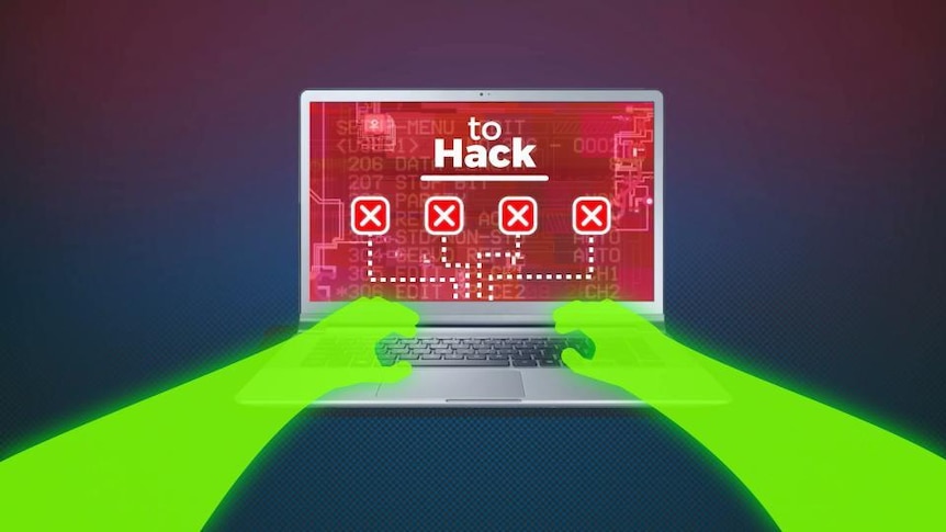 Graphic image hands at laptop, screen shows text re "to hack"