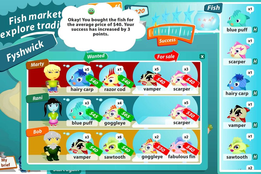 A screen shot of a maths game. There are three rows of fish with various names and prices.