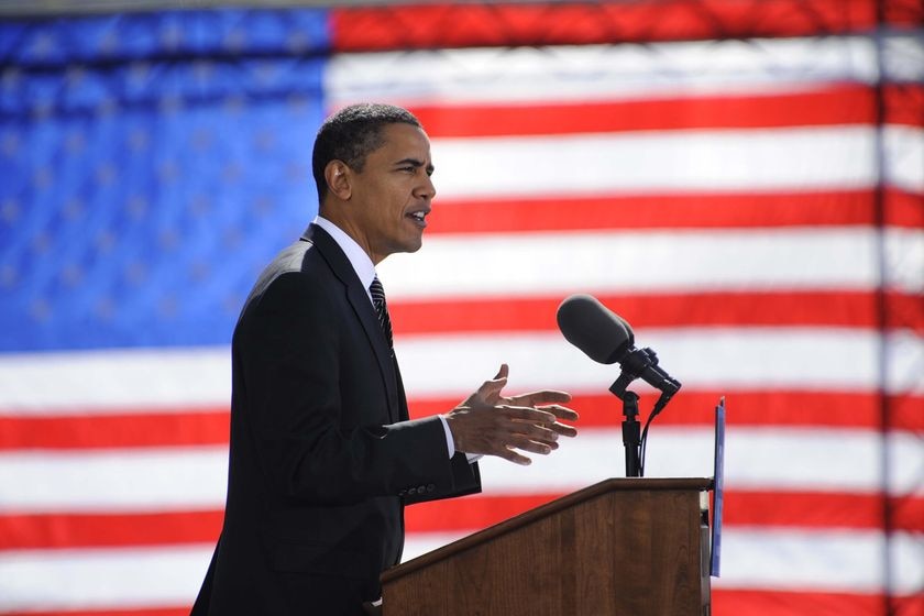 Senator Barack Obama speaks during a rally at Hallifax Mall