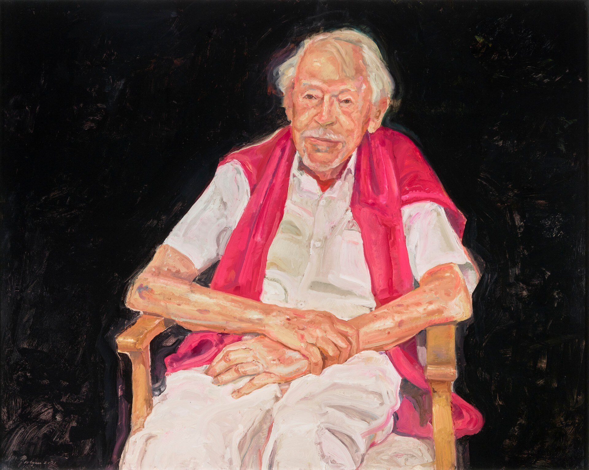 A painting of artist Guy Warren in a cane chair with his arms crossed in his lap, with a pink jumper over his shoulders