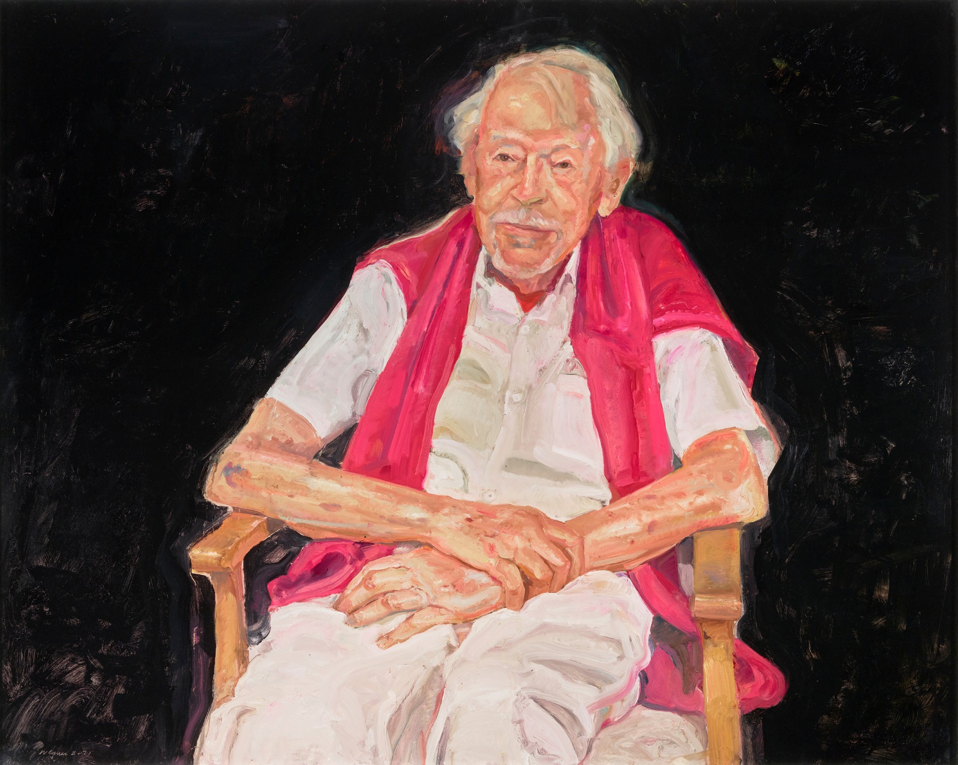  A painting of Guy Warren seated on a chair, with a pink jacket around his shoulders.