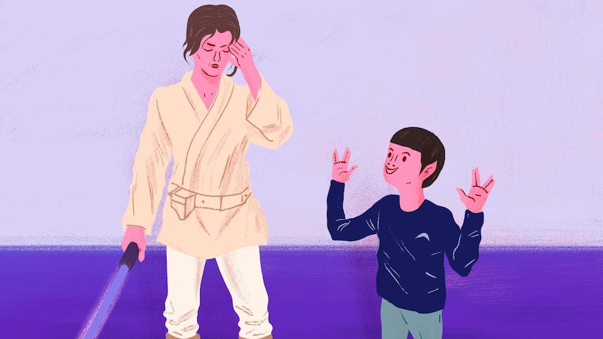 Illustration of person dressed as a Jedi with a child doing Star Trek pose to depict parents and children sharing interests
