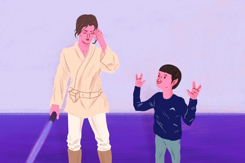 Illustration of person dressed as a Jedi with a child doing Star Trek pose to depict parents and children sharing interests