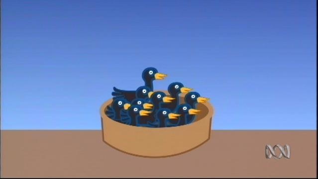 Cartoon of blackbirds in a pie dish