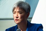 Penny Wong, wearing a blue jacket, speaks into a microphone in front of a large sloping window.