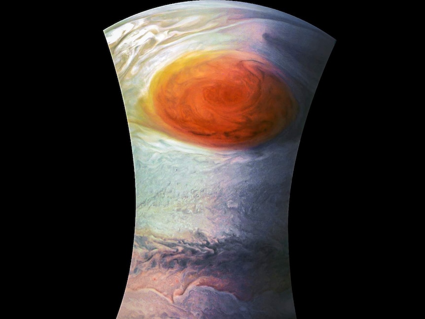 A view of Jupiter that includes the Great Red Spot and the planet's lower atmosphere.