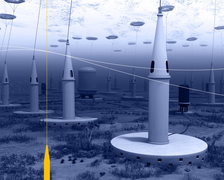 An underwater illustration showing missile-like wave generators with cords attached to buoyed devices on the surface.