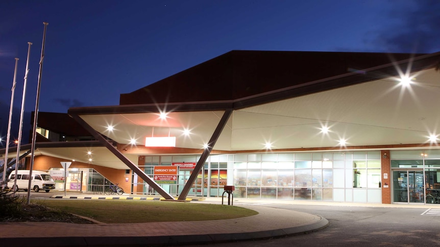 Night-time shot of the emergency department entrance at Geraldton Hospital.