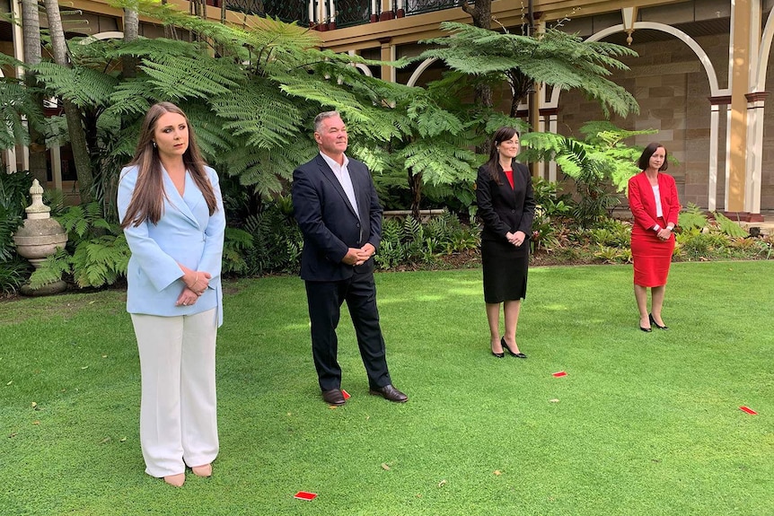 Meaghan Scanlon, Scott Stewart, Leanne Linard and Yvette D'Ath at Speaker's Green at Parliament House.