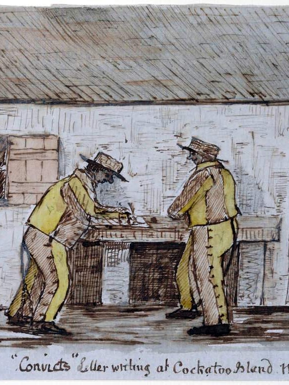 A historical drawing of convicts in yellow clothing, with the words "canary birds" which was slang for convicts.