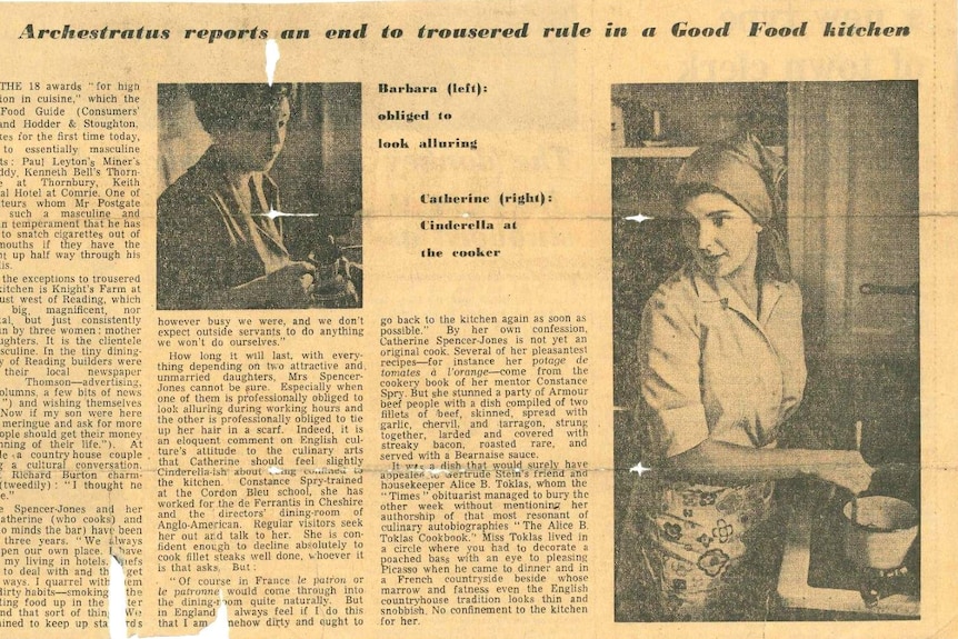 An old, torn newspaper article with the headline 'Archestratus reports an end to trousered rule in a Good Food kitchen'