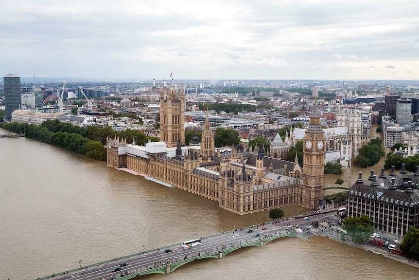 A representation of what two degrees of global warming looks like shows parts of the London CBD under water.