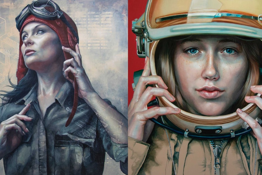 Two of Kathrin's paintings, one showing a woman dressed as an aviator, the other of a woman dressed as a cosmonaut