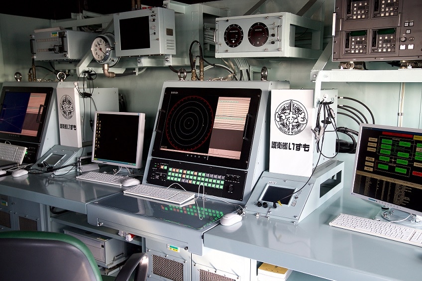 A hallway inside the Izumo aircraft carrier.