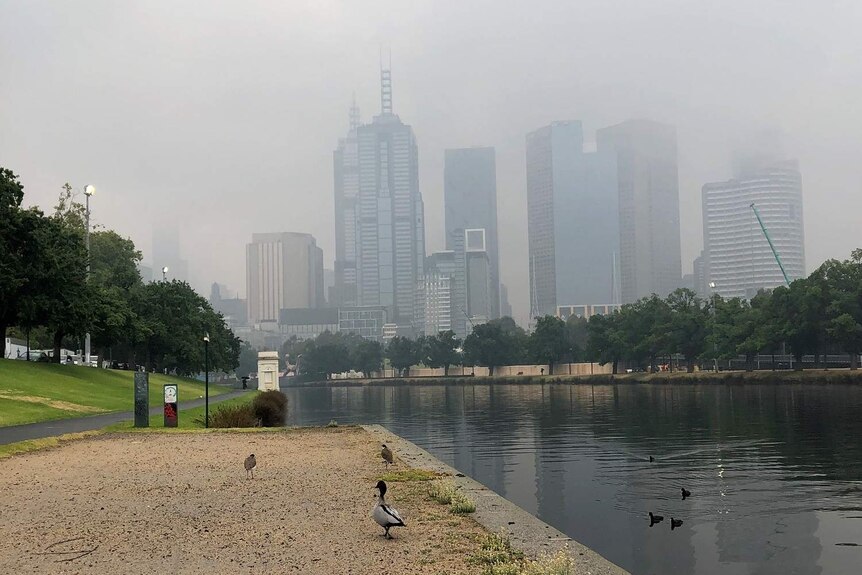 The Yarra River and Melbourne skyline which is shrouded in a thick haze.