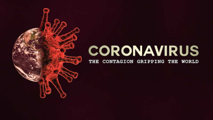 An edit of a right half of a Coronavirus under a microscope and the left half of planet Earth against a dark background