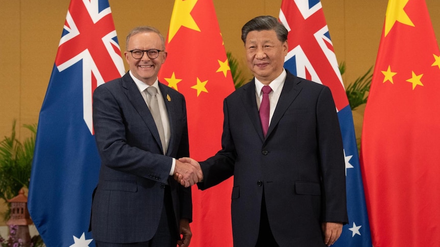 Anthony Albanese and Xi Jinping smiling and shaking hands 