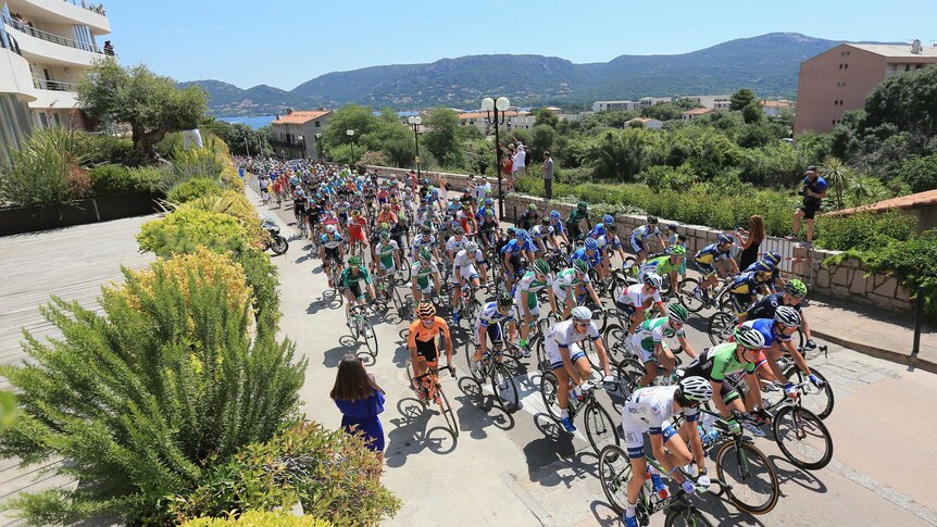 Peloton gets underway in Corsica sunshine