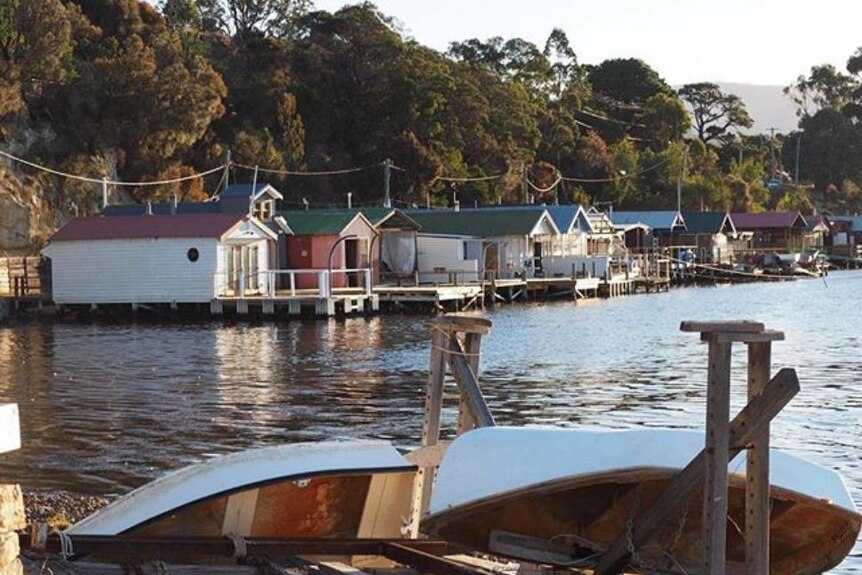 Boatsheds at Cornelian Bay from the water