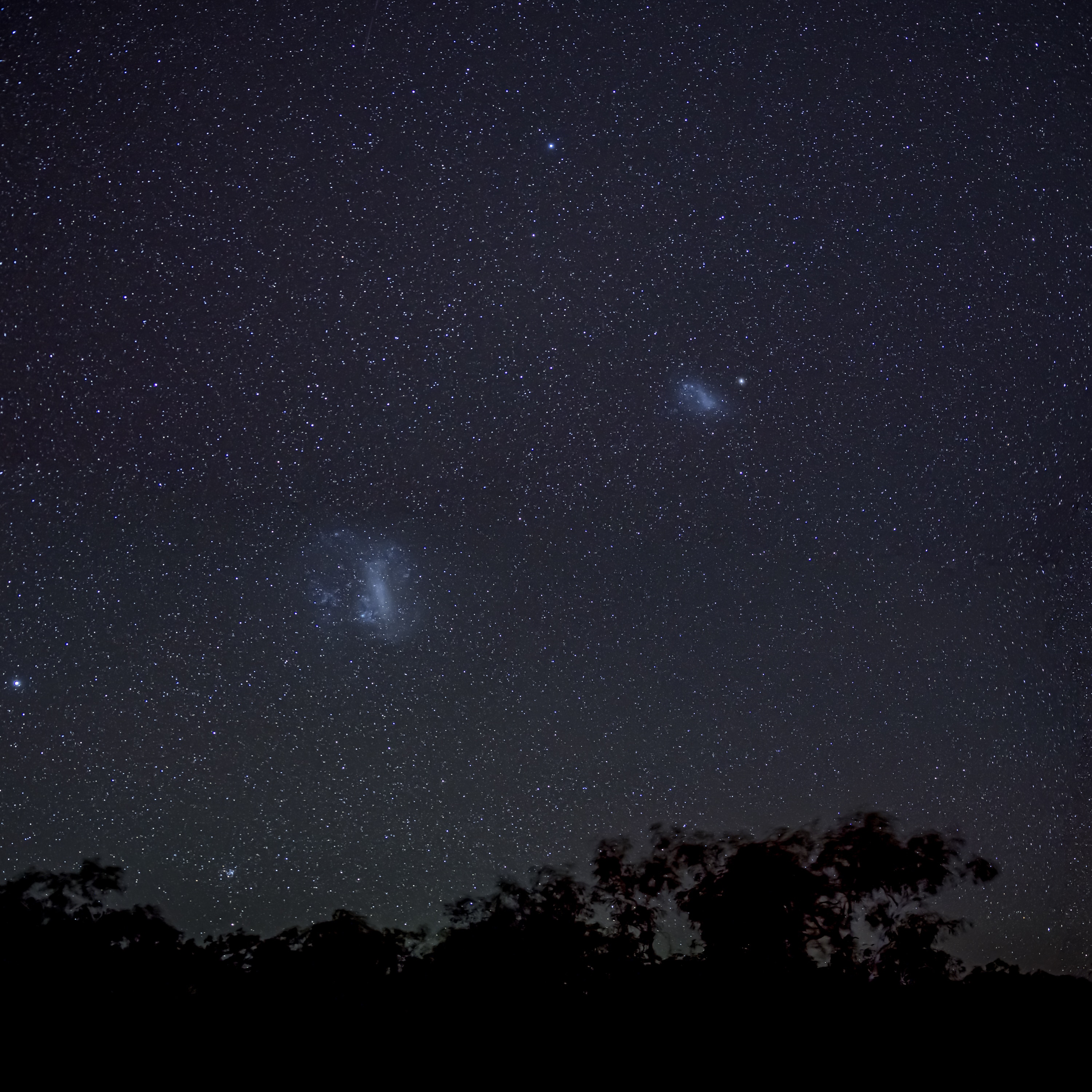 Two fuzzy white blobs on a star-filled sky.