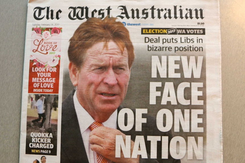 Headshot of Colin Barnett with red hair on the front page of The West Australian newspaper