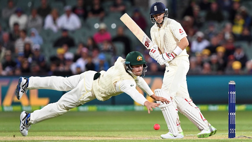 Joe Root plays a shot past the diving Cameron Bancroft under lights at the Adelaide Oval.