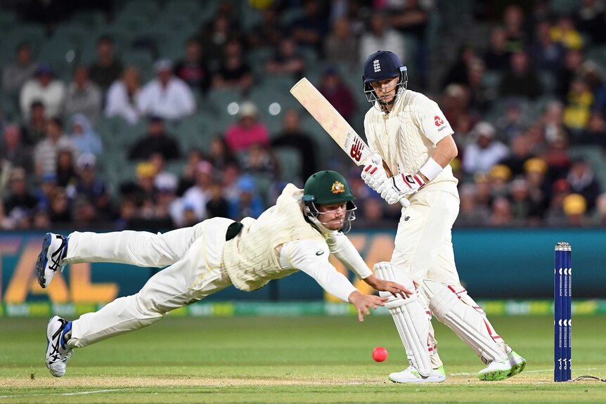 Joe Root plays a shot past the diving Cameron Bancroft under lights at the Adelaide Oval.