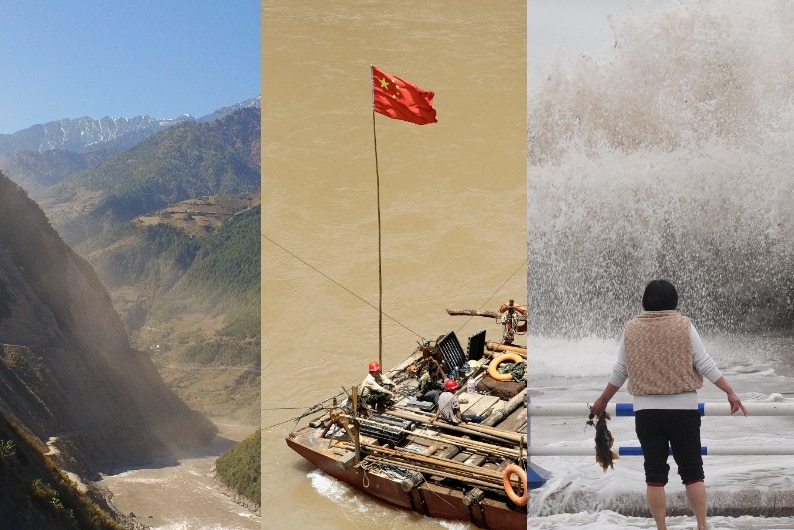 You view a triptych of a mountain landslide, a raft in brown waters with a Chinese flag, and a woman staring at a massive wave.