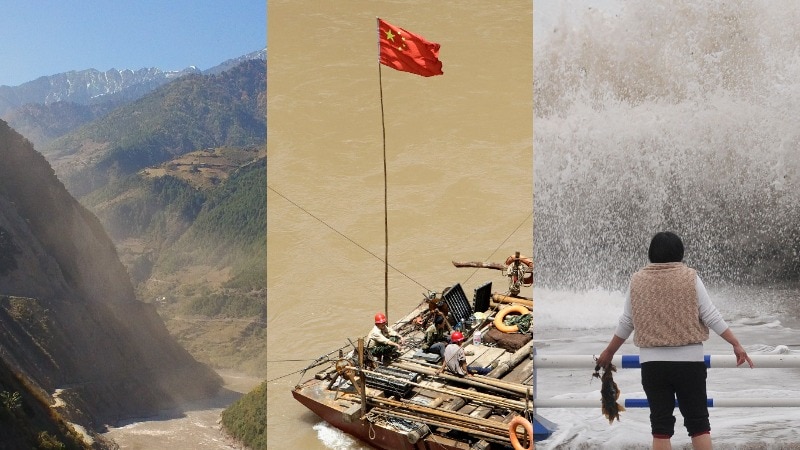 You view a triptych of a mountain landslide, a raft in brown waters with a Chinese flag, and a woman staring at a massive wave.