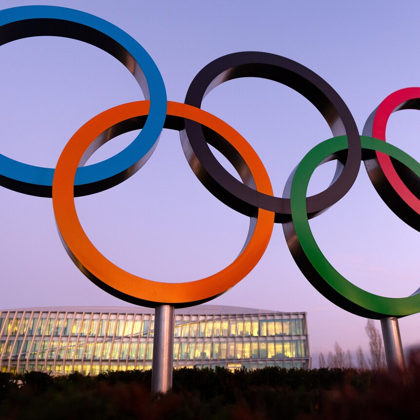 An image of the Olympic rings outside the IOC's headquarters in Lausanne.