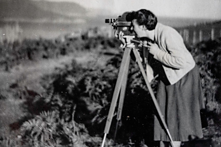 Black and white photo of a woman using a camera on a tripod.