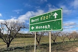 A green road sign with directions to Berri and Monash. The road sign sits in front of a line of bare trees and long green grass