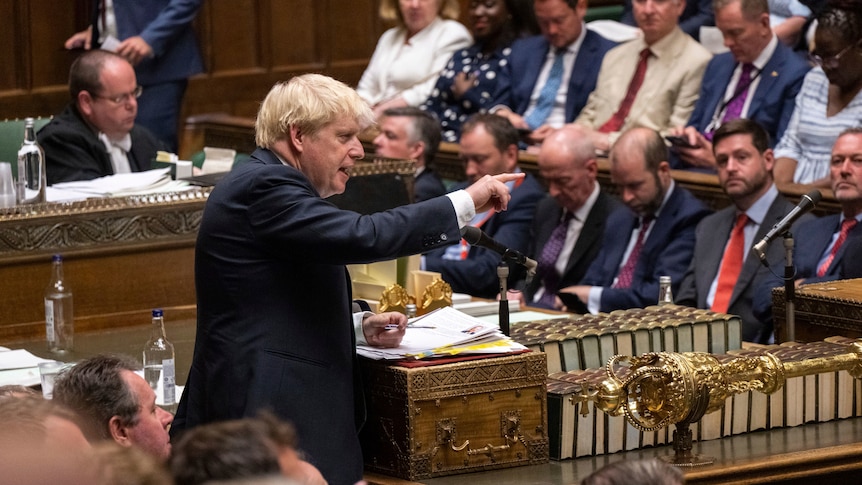 Britain's Prime Minister Boris Johnson speaks during Prime Minister's Questions in the House of Commons in London.