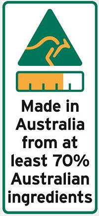 A label showing the words made in australia from at least 70% Australian ingredients, a bar chart and green and gold kangaroo