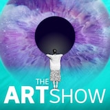 A woman standing on the words 'The Art Show' and peering into a purple eye