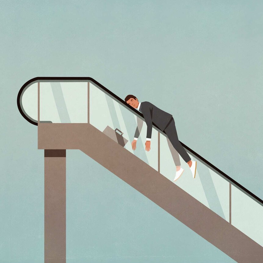 Illustration of suited man draped over the railing at the top of the escalator looking exhausted.