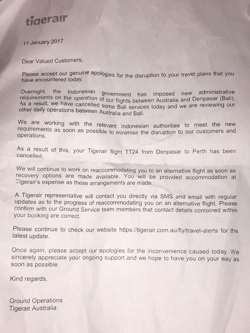 A letter printed from a computer on a tigerair letterhead.