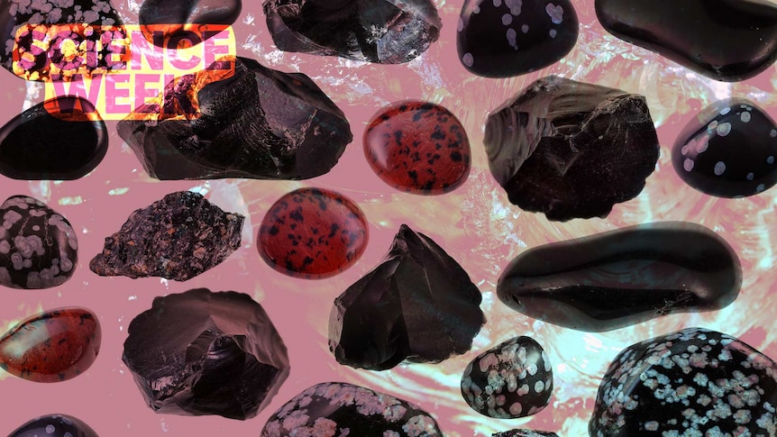 Orderly arrangement of obsidian glass rock samples.