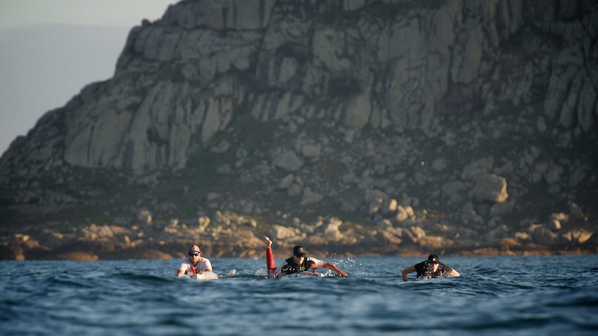 Paddleboarders in Bass Strait on the final leg of crossing from Wilsons Promontory to Tasmania's Cape Portland.