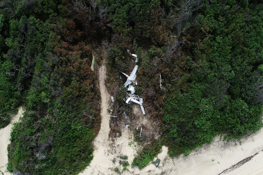 An aerial shot of the wreckage of a plane crash, surrounded by sand and trees