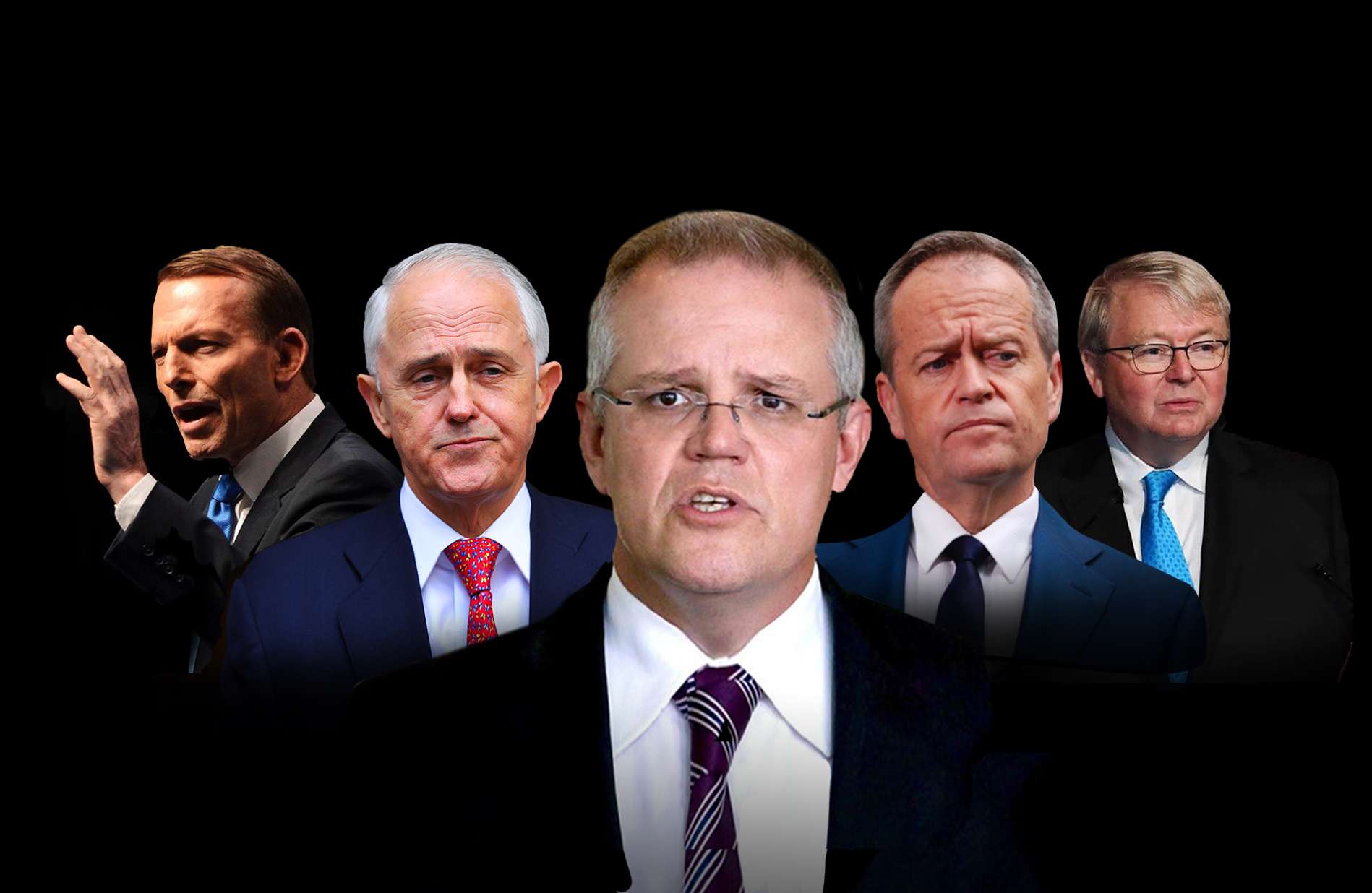 A photo illustration shows Scott Morrison, Malcolm Turnbull, Kevin Rudd, Julia Gillard, Tony Abbott and Bill Shorten.