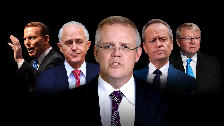 A photo illustration shows Scott Morrison, Malcolm Turnbull, Kevin Rudd, Julia Gillard, Tony Abbott and Bill Shorten.