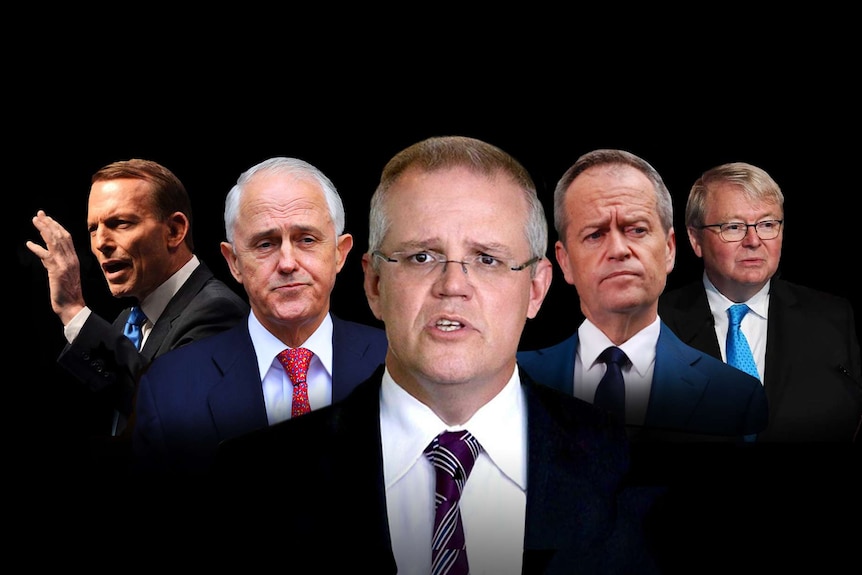 A photo illustration shows Scott Morrison, Malcolm Turnbull, Kevin Rudd, Julia Gillard, Tony Abbott and Bill Shorten.